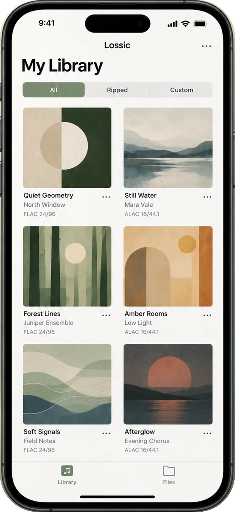 Lossic on iPhone showing the My Library album grid with FLAC and ALAC tracks